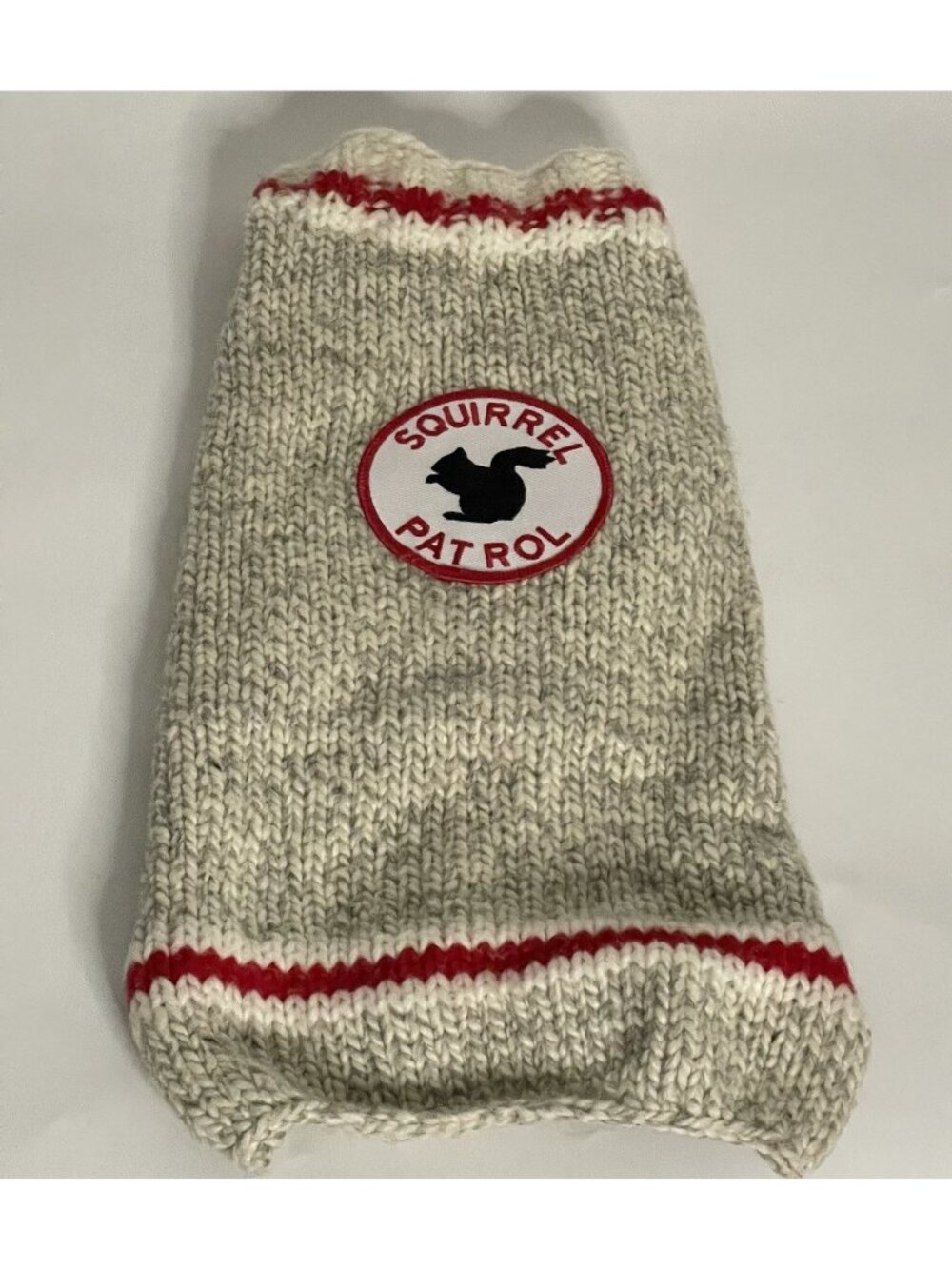 Chilly Dog Squirrel Patrol 100% Wool Hand Knit Dog Sweater Gray Red 14" est S/M
